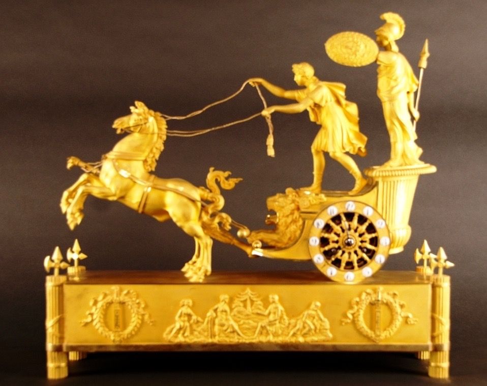 M01 French Ormolu Two Horse Chariot Clock, 'The Chariot of Telemachus'. - afbeelding 2
