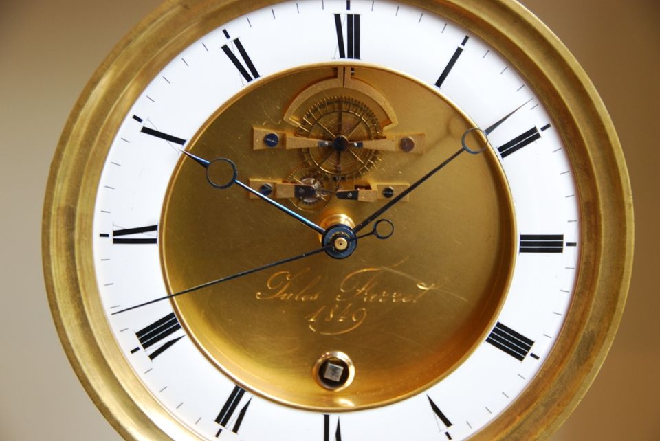 S19 Skeleton clock, special chronometer escapement with balance spring, signed and dated. - image 3