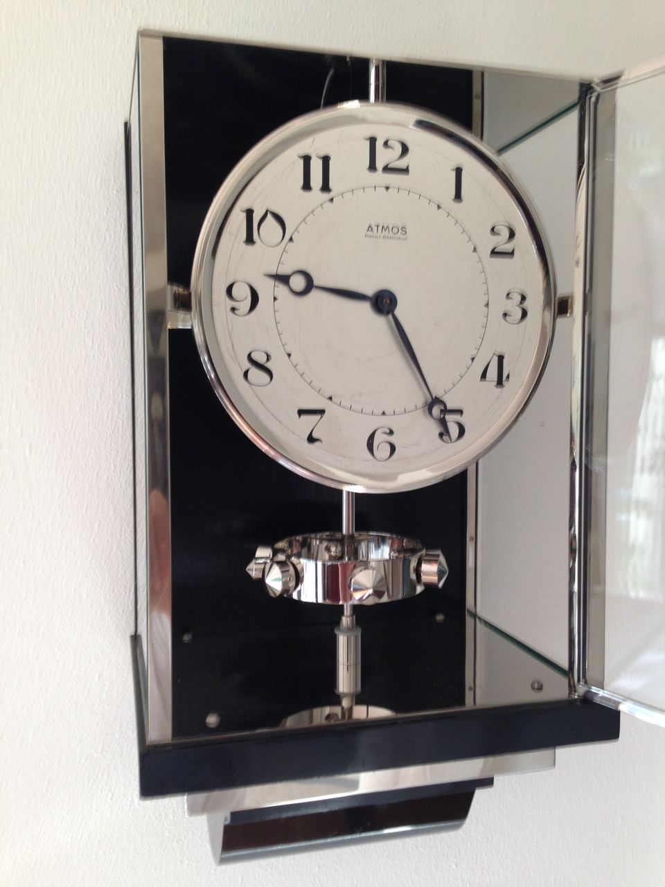 W39 Large Nickel Plated Art Deco J. L. Reutter Wall Hanging Three-Glass Atmos Clock. - image 3