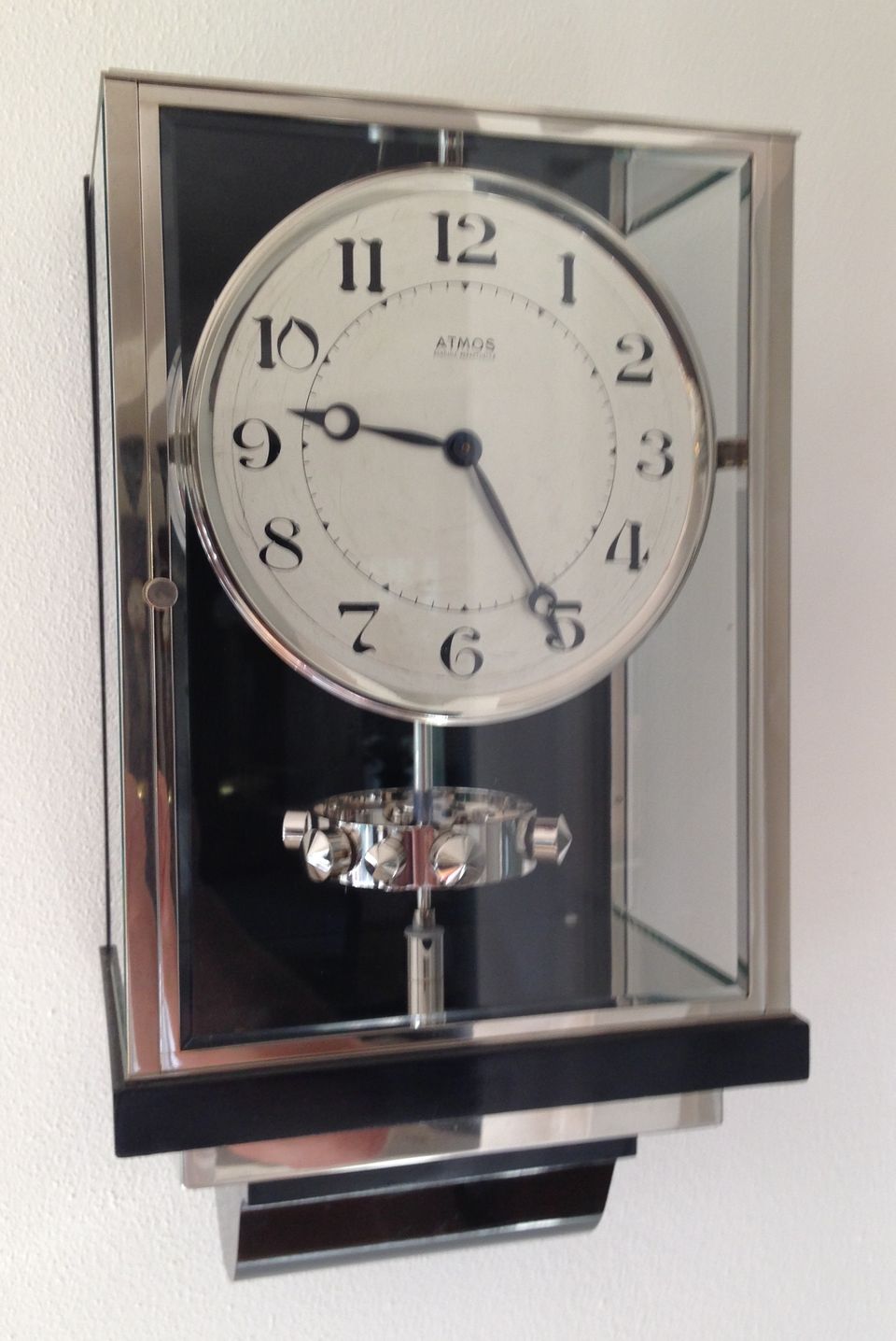 W39 Large Nickel Plated Art Deco J. L. Reutter Wall Hanging Three-Glass Atmos Clock. - image 2