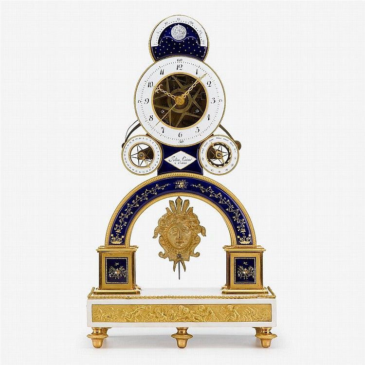 S20 Franse Directoire vuurvergulde en email skeletpendule met meerdere complicaties - afbeelding 2