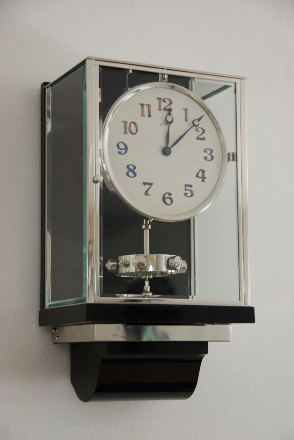 W41 Large Nickel Plated Art Deco J. L. Reutter Wall Hanging Three-Glass Atmos Clock. - image 2