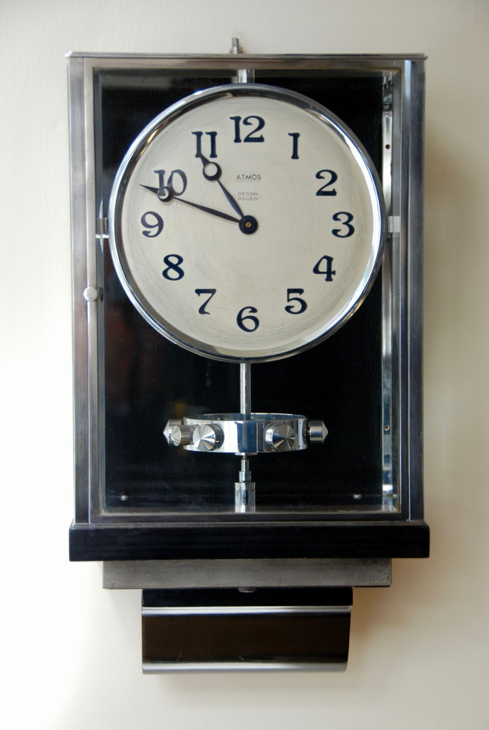 W45 Large Nickel Plated Art Deco J. L. Reutter Wall Hanging Three-Glass Atmos Clock. - image 2
