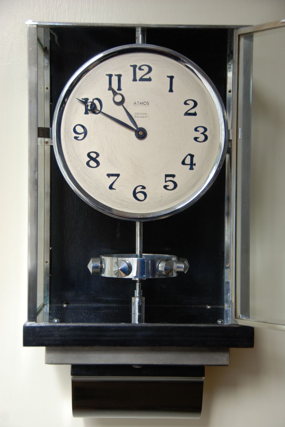 W45 Large Nickel Plated Art Deco J. L. Reutter Wall Hanging Three-Glass Atmos Clock. - image 5