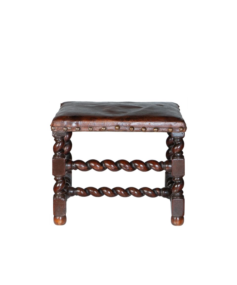 Fine Pair 17th Century Twist Baroque Walnut Stools with Leather Upholstering - image 2