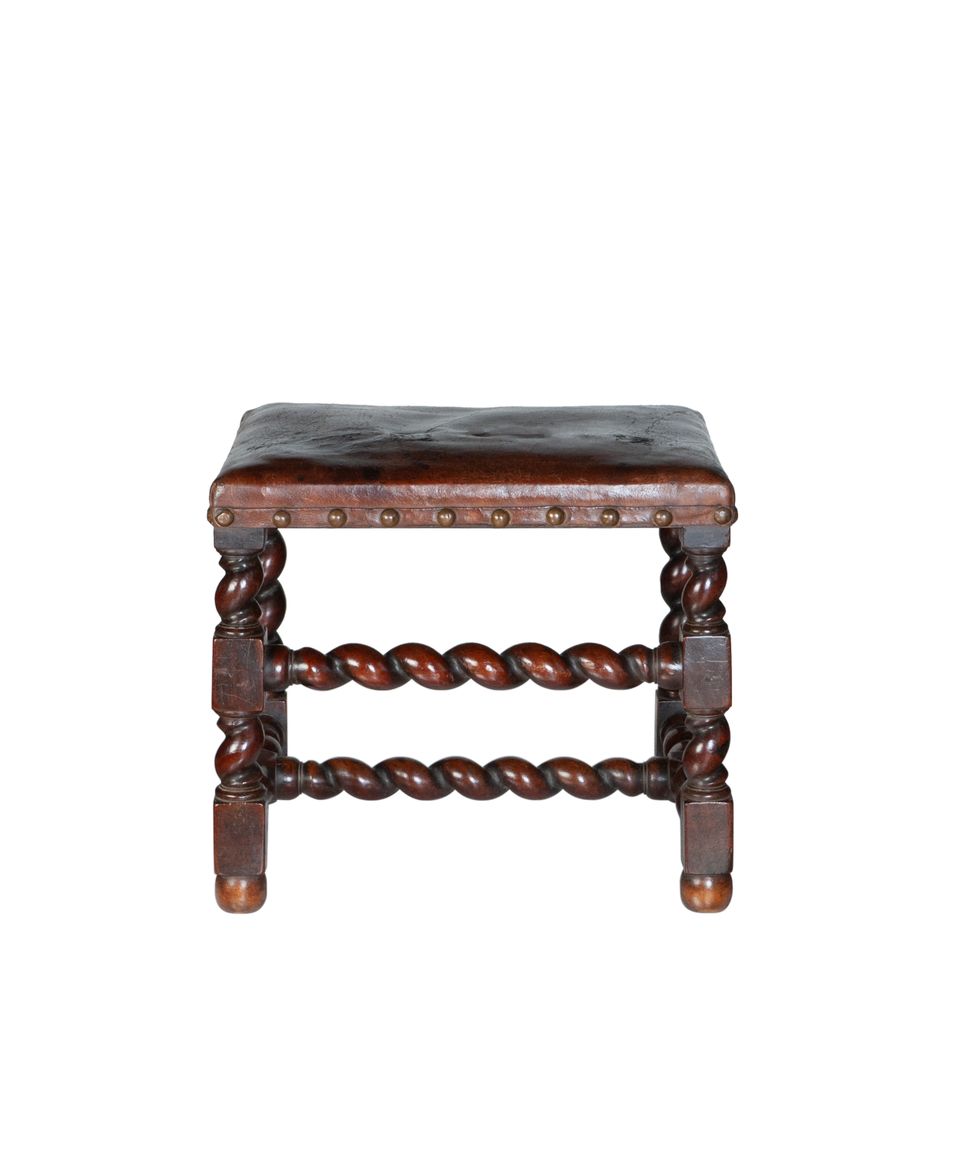 Fine Pair 17th Century Twist Baroque Walnut Stools with Leather Upholstering - image 3