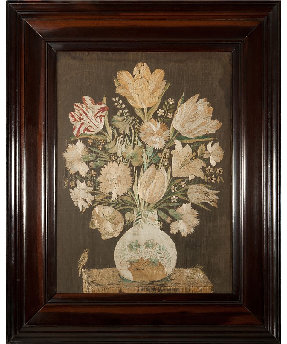 Een Paar Geborduurde Stillevens van een Boeket Tulpen - afbeelding 3