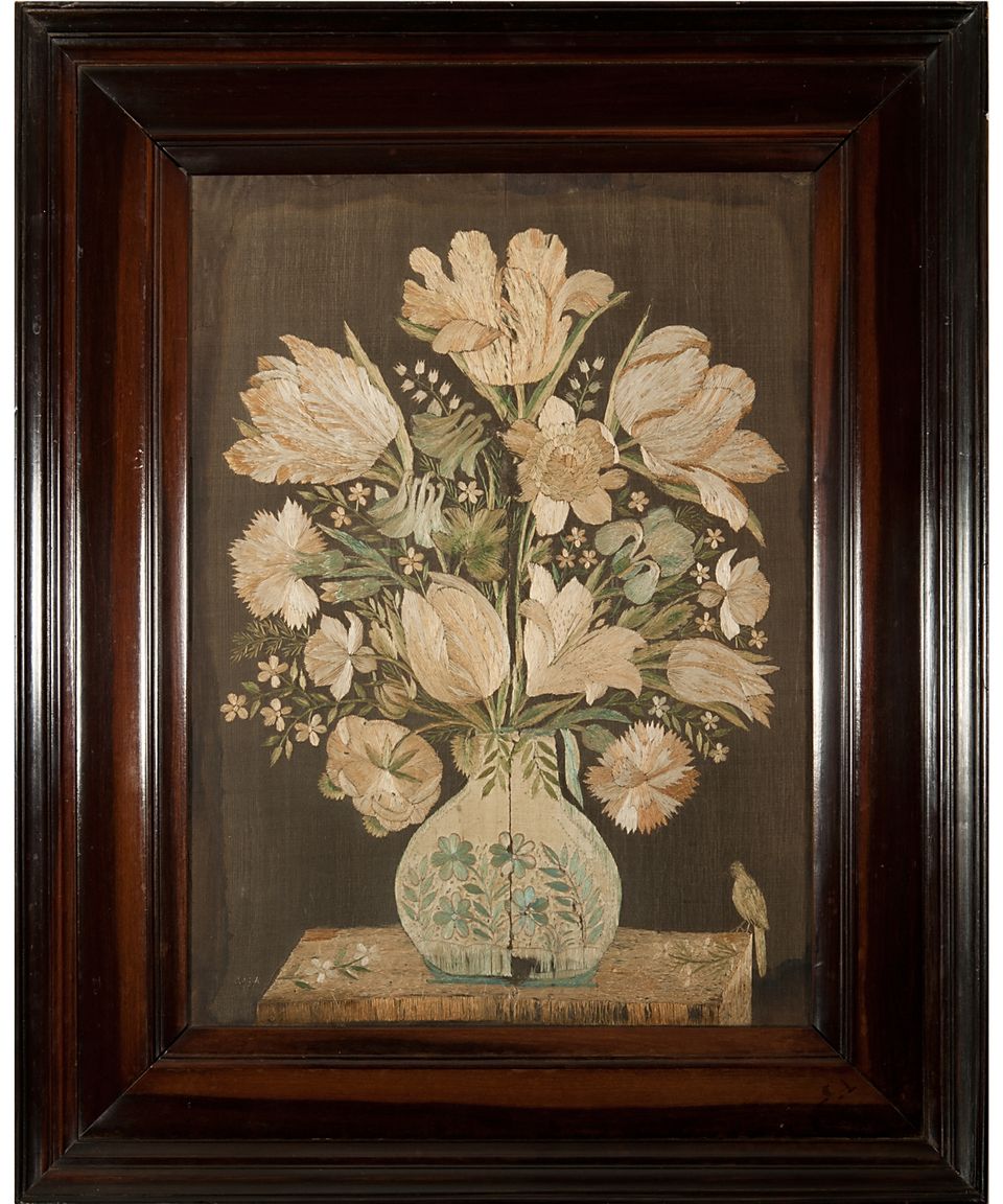 Een Paar Geborduurde Stillevens van een Boeket Tulpen - afbeelding 2