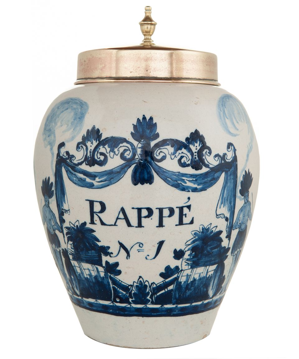 Een Paar Delfts Aardewerk Tabakspotten met Koperen Deksels - 'Burgamot' en 'Rappé' - afbeelding 2