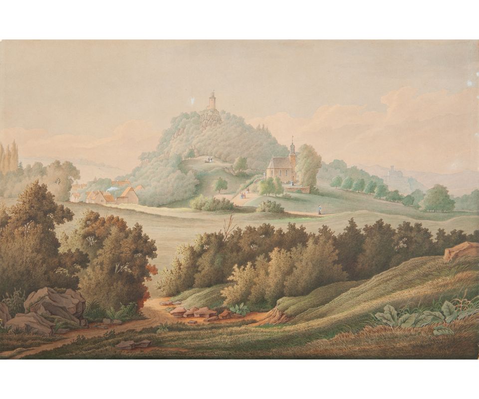 Paar Gouaches op Papier - Zicht van Frankenstein Kasteel - Landschap in Königstein - afbeelding 2